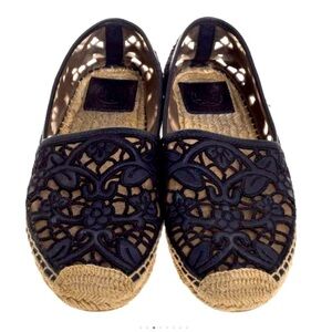 TORY BURCH Black Lace Espadrille Flats